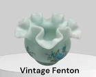 Vintage Fenton Hand Painted Blue Roses on Blue Satin Glass Ruffled Bowl Vase 4"