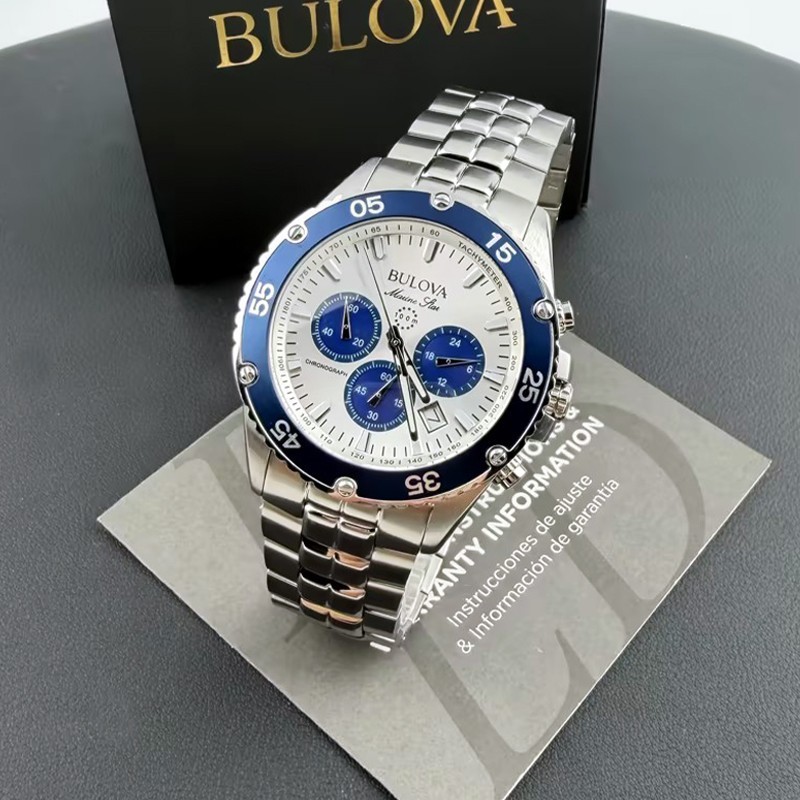 Men Bulova Marine Star White/Blue Dial Chronograph 98B423 Quartz