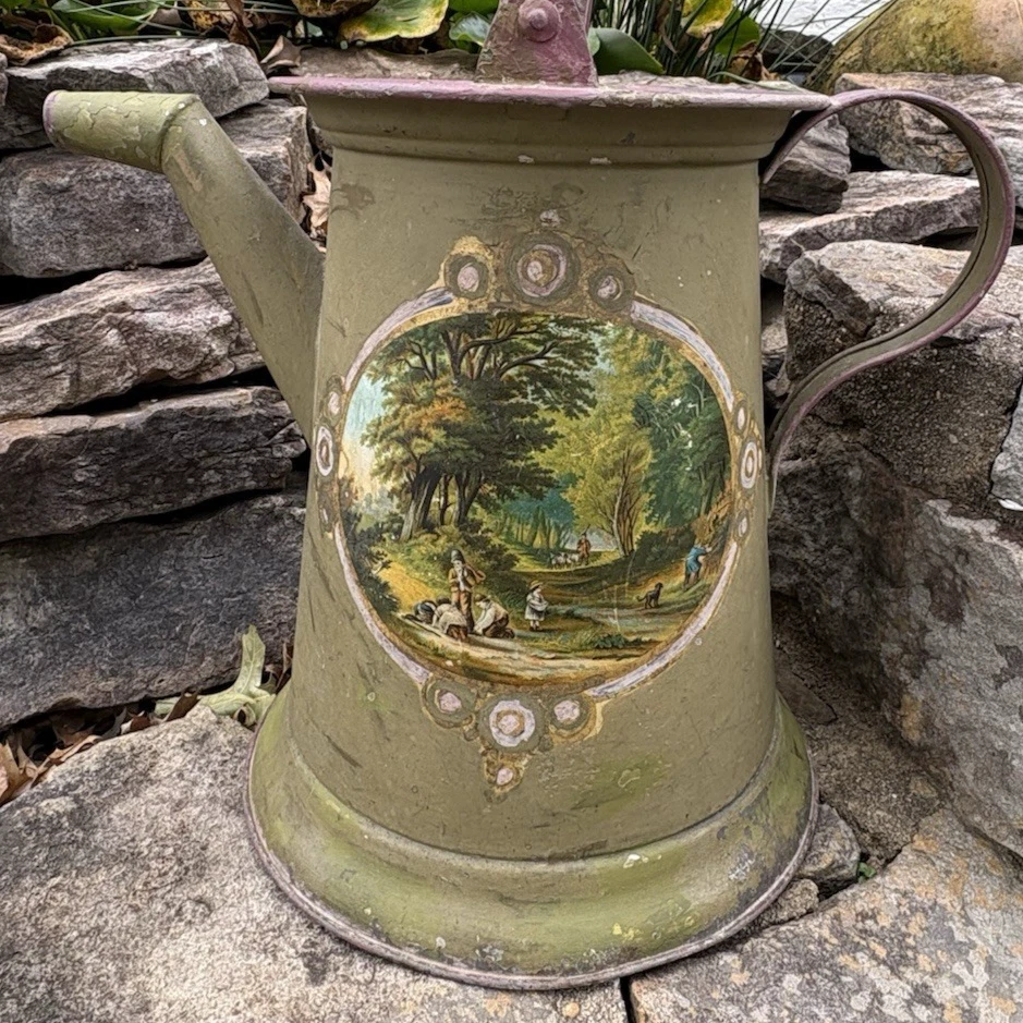 Antique Victorian Tole Painted Watering Can Scenic Hand Painted Metal 17" - Image 2 of 4