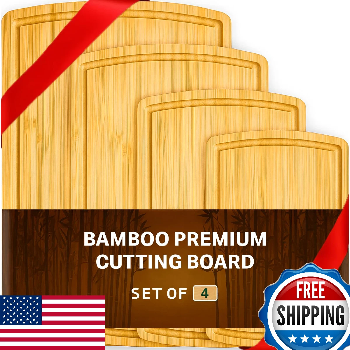 Bamboo Cutting Boards Set w/ Deep Juice Grooves - 4 Sizes, Knife-Friendly