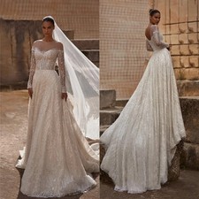 Glitter Beading Pearls Wedding Dresses Shiny Sequin A Line Illusion Bridal Gowns