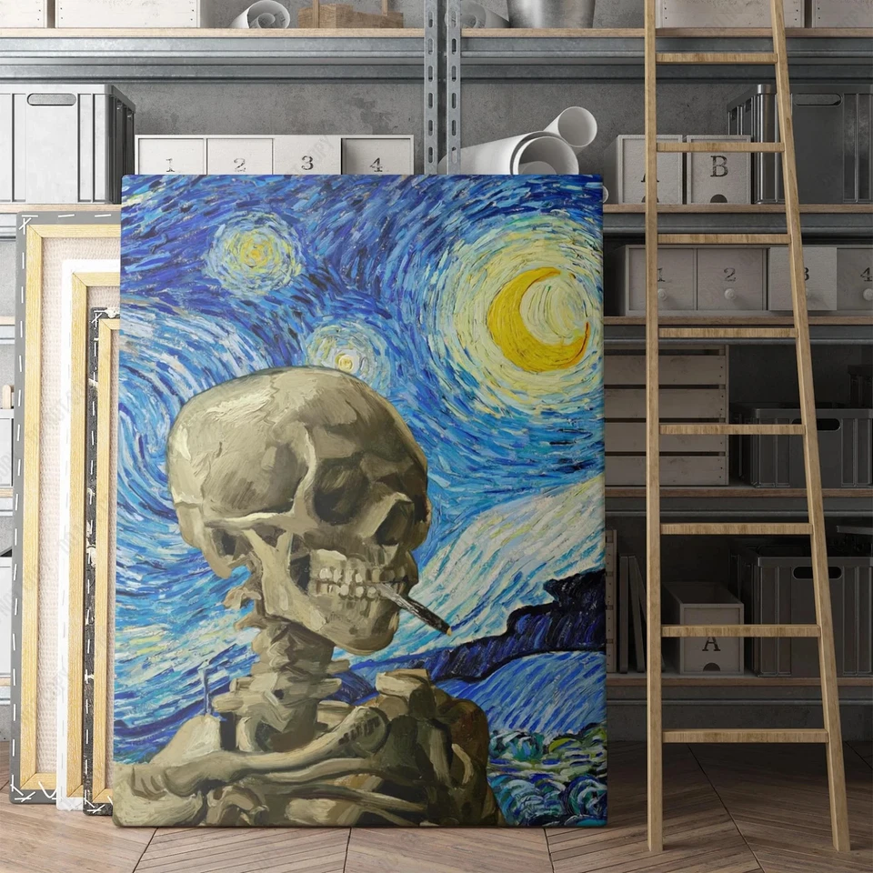 Arte de pared con impresión en lienzo Vincent Van Gogh noche estrellada y esqueleto fumar Foto 4 de 4