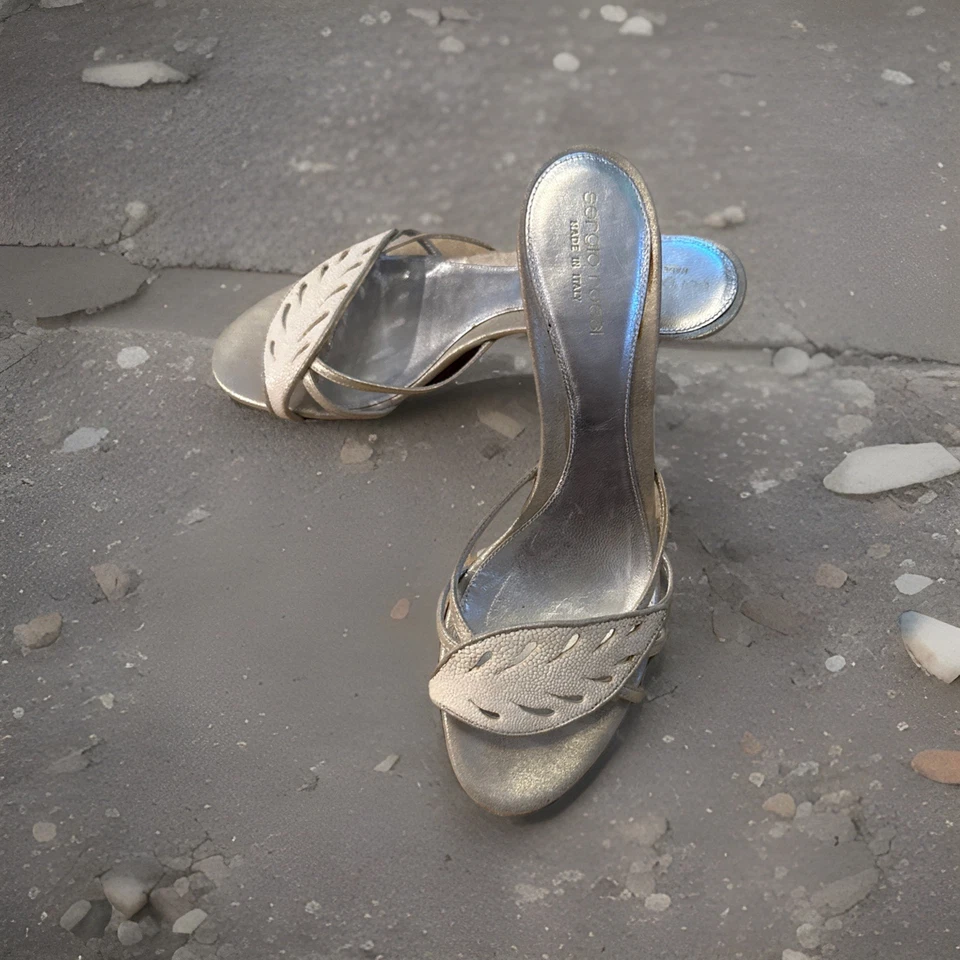 Sandalias Zapatos Tacones Gatito Sergio Rossi 38.5 / 8.5 Detalle Hoja Dorado Beige Foto 3 de 4