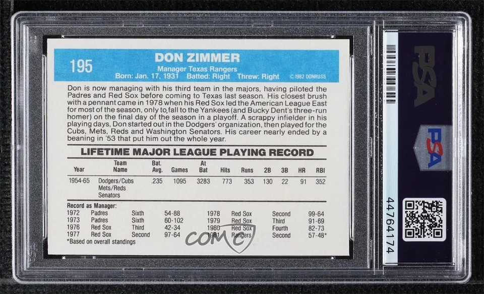 1982 Donruss Don Zimmer #195 PSA 9 MINT - Image 2 of 2
