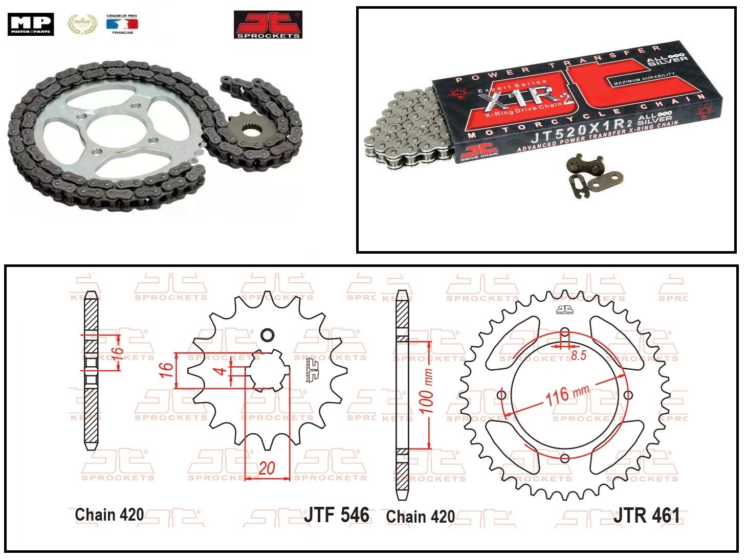 Kit chaîne 420 complet avec pignon 13 et couronne 51 pour moto KAWASAKI KX 85