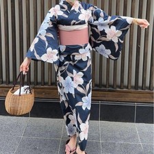 Japanese Summer Kimono Yukata and Obi Set Navy Lily Floral Pattern New