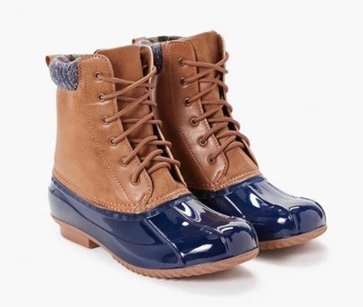 Women's Cold Weather Evi Duck Boot Brown/Navy Size 6.5 JUSTFAB New Outdoor Chore