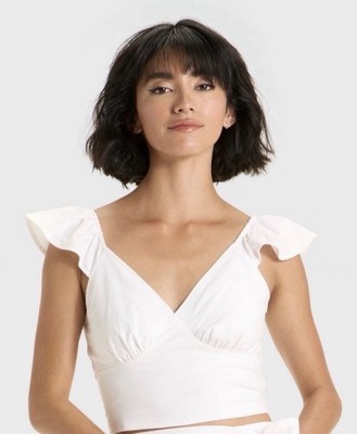 A New Day White V-Neck Flutter Sleeve Smocked Back Cropped Blouse XS