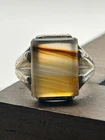 Vintage Sterling Silver Polished Banded Agate 1920-30's Art Deco Sz 9.75