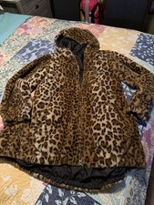 Leopard Print Hooded Fur Coat Size S NEW