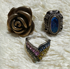 Lot of 3 SS, Rings Size 5, 6 & 7 Flower, Blue Oval & Sapphire Stones.