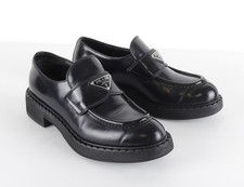 Women's PRADA Size IT37.5 Chocolate Loafers Black Leather Triangle Logo