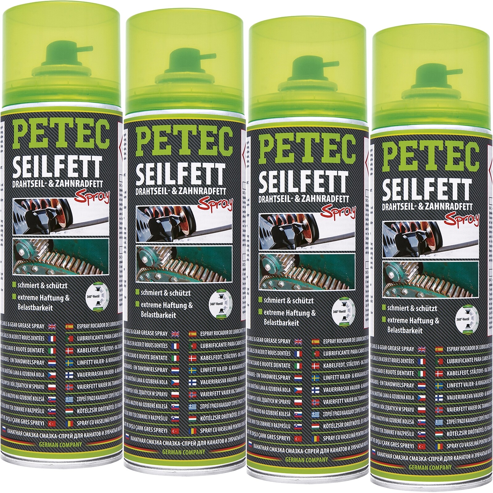 4x 500 ml PETEC SEILFETT SPRAY DRAHTSEILFETT ZAHNRADFETT KETTENFETT GLEITFETT