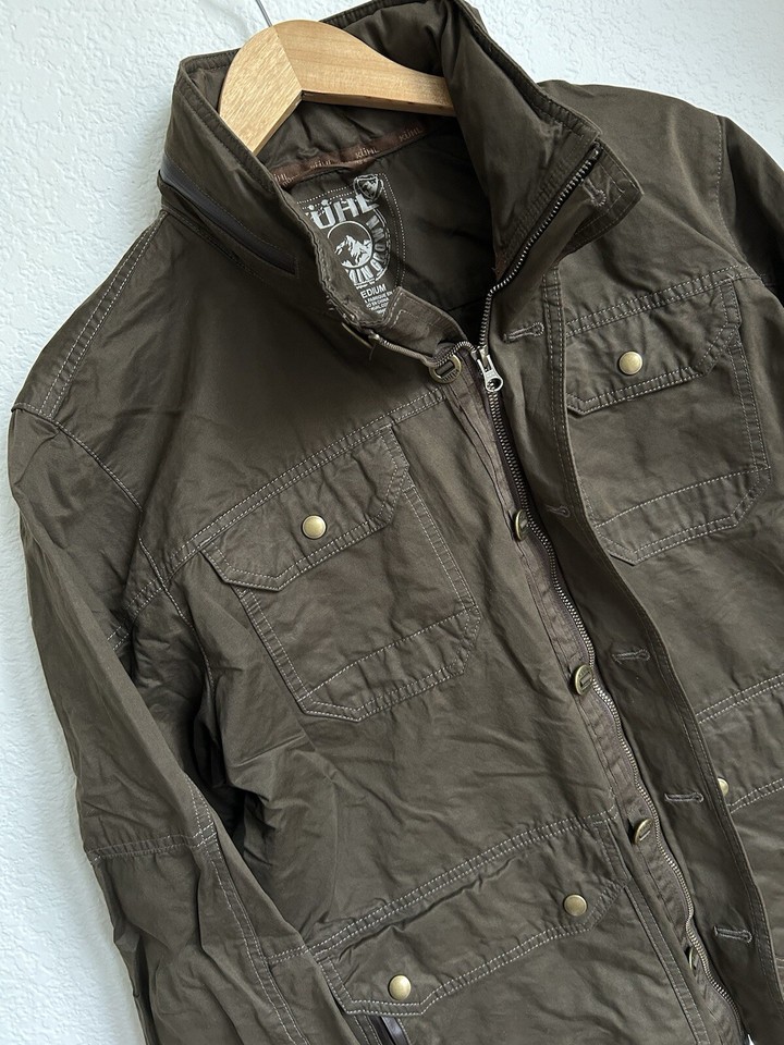 Kuhl Kollusion Jacket Mens M Dark Khaki Waxed Fabric Stowaway Hood