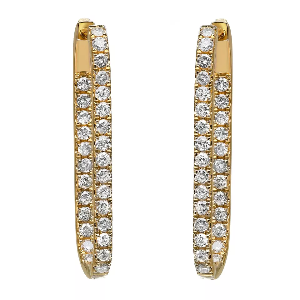 Round Cut Diamond Oval Hoop Earrings 14K Yellow Gold 1.50Cttw
