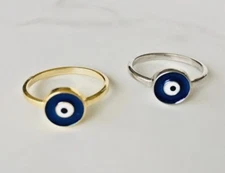 925 Sterling Silver / 18K Gold Evil Eye Ring Blue Mati Nazar Size US 5 6 7 89 10