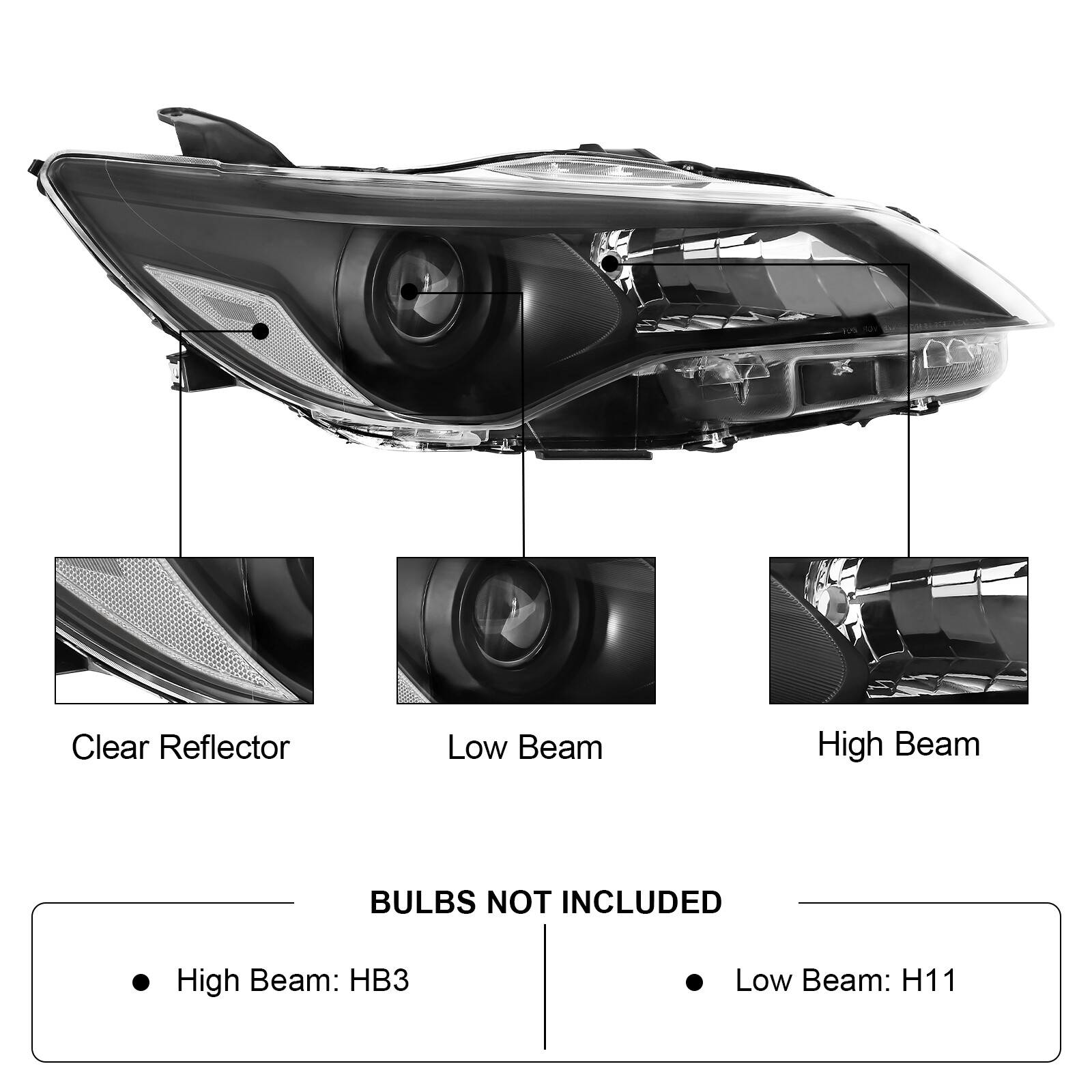 Headlights For 2015 2016 2017 Toyota Camry Black Housing Left+Right