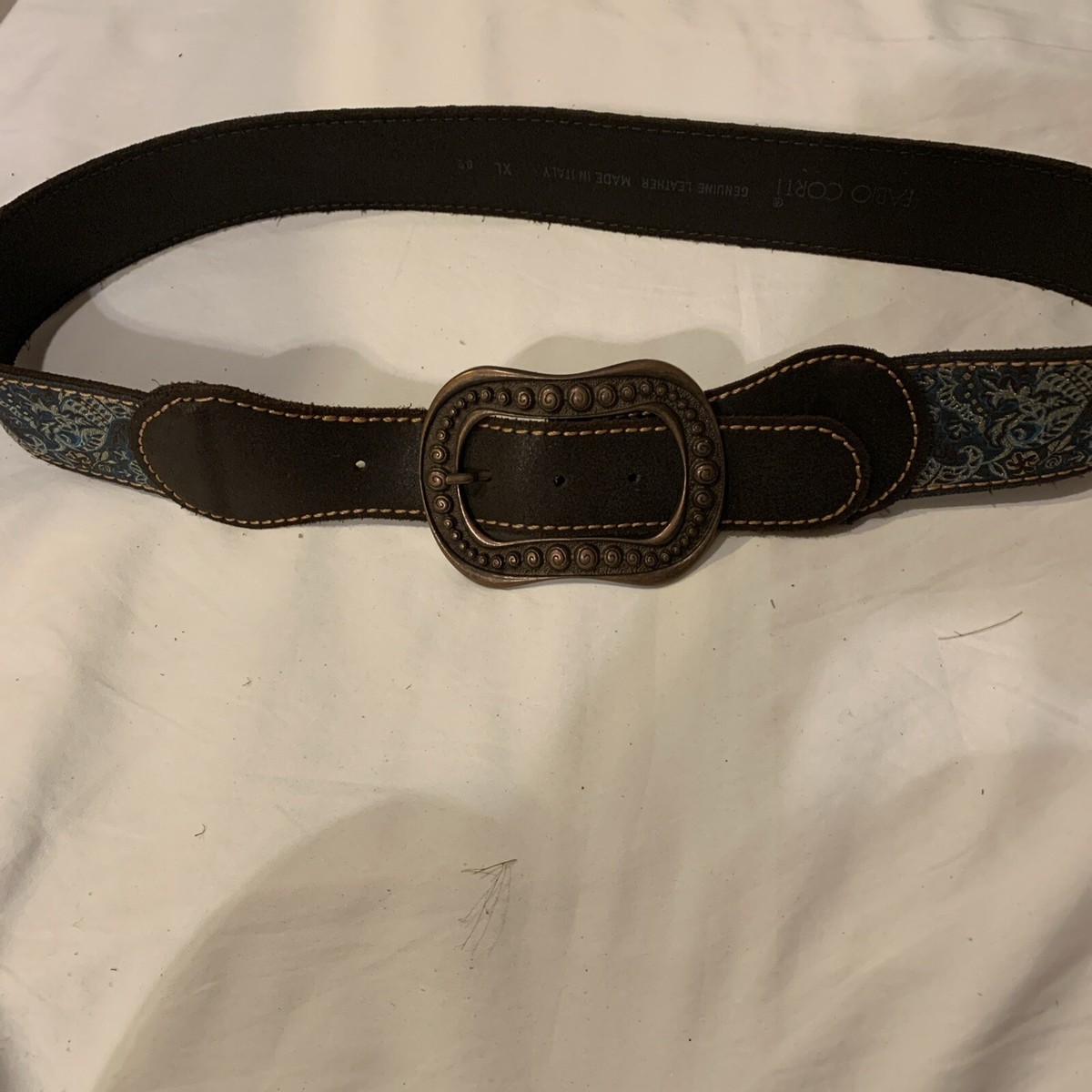 Fabio Corti Ladies XL Brown Leather Tooled Belt Hammered  display picture 2