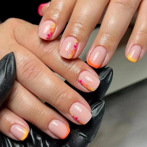 24 Pcs Pink Press on Nails Short Square French  Spring Fake Nails Press Ons Nail