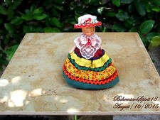 ANTIQUE GERMAN BISQUE GIRL DOUBLE JOINTED CLORFULL DRESS HAT MINIATURE 5'' DOLL