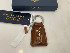 NEW Polo Ralph Lauren Leather Embroidered POLO PLAYER Key Ring Keychain - BROWN