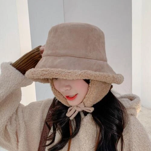 New Women Winter Bucket Hat Fleece Faux Fur Plush Hat Soft Warm With Ear Flaps - Bild 8 von 9