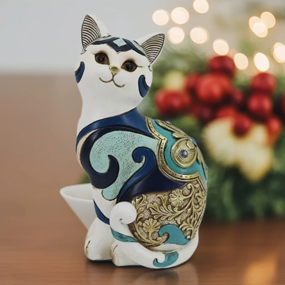 8"H White and Blue Cat Figurine Ornament Home Decor Unique Gift