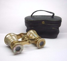 ANTIQUE 1800'S MOTHER OF PEARL MOP  BRASS OPERA GLASSES BINOCULARS W/ CASE