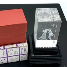 Glass Paperweight Lighted Base 3D Boy & Girl Under the Moon - Laser Etching