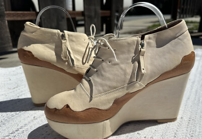Reike Nen Wedge 9 / 40 Beige Leather Colorblock Lace-Up Ankle Boots Adult Womens