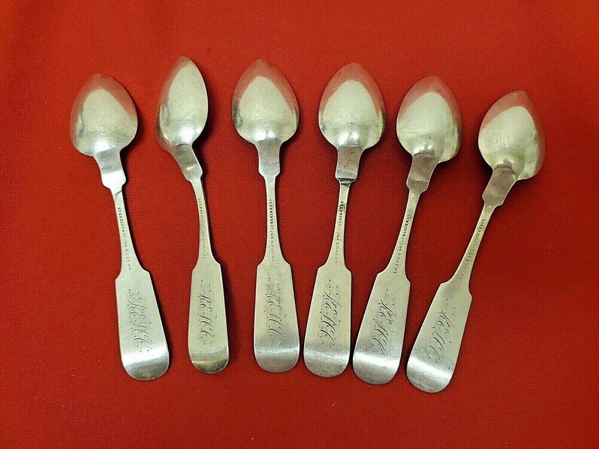 6 Fiddle Pattern Coin Silver Teaspoons by Stebbins & Co. New
