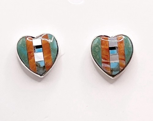 Sterling Silver 925 Heart Inlay Multicolor Stud Earrings