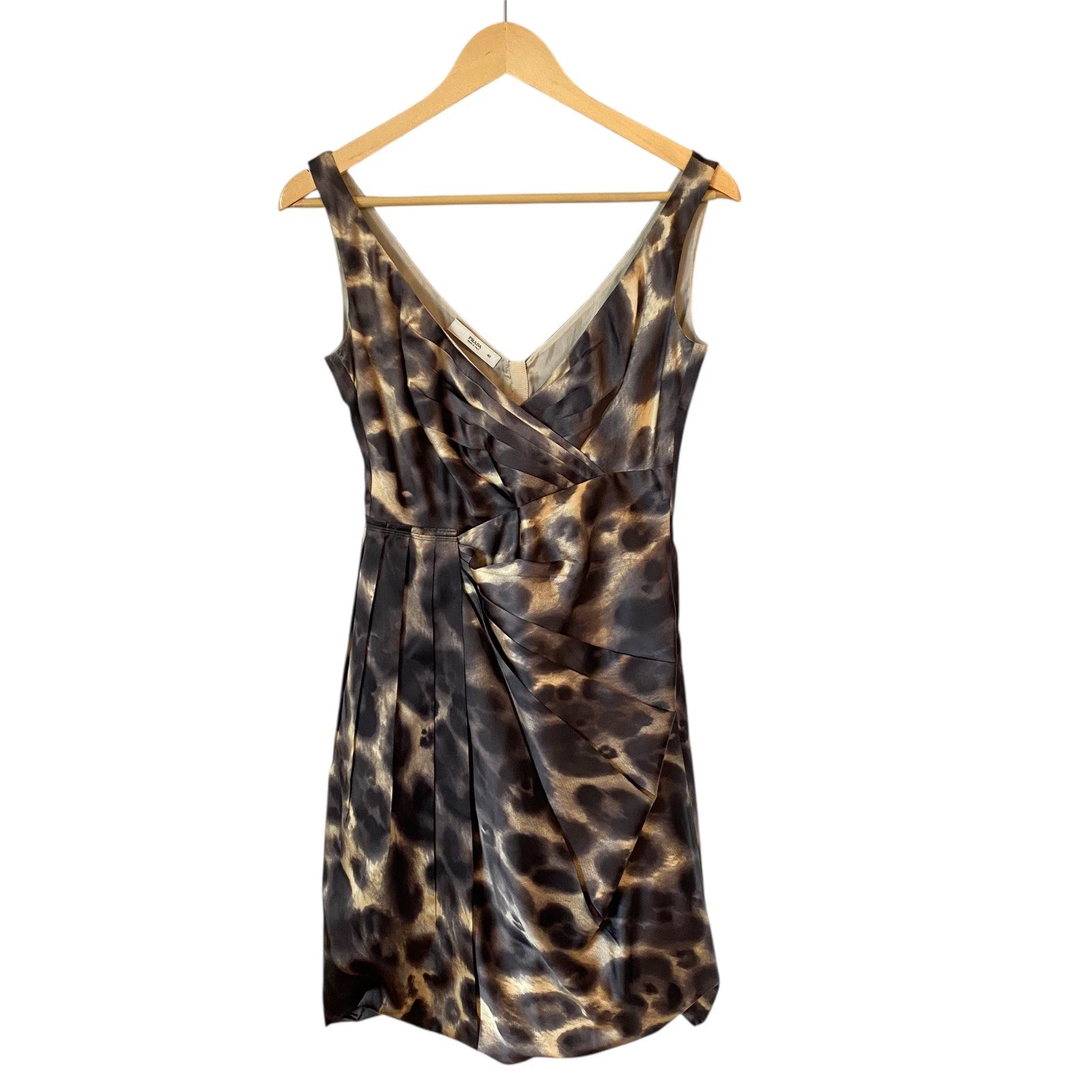 Mini abito PRADA 40 4 seta animalier stampa leopardata plissettato orlo a bolla scollo a V 2006