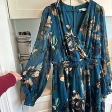 Harper Rose Floral Mini Dress Womens 12 Teal Long Sleeve Smocked Tiered Chiffon