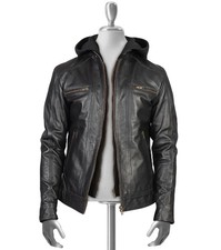 Men  s Black Genuine Lambskin Leather Hooded Biker Jacket Zip Front Coat Handmade