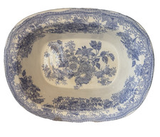 Antique Asiatic Pheasant Light Blue Transferware Oval Serving Bowl 10"