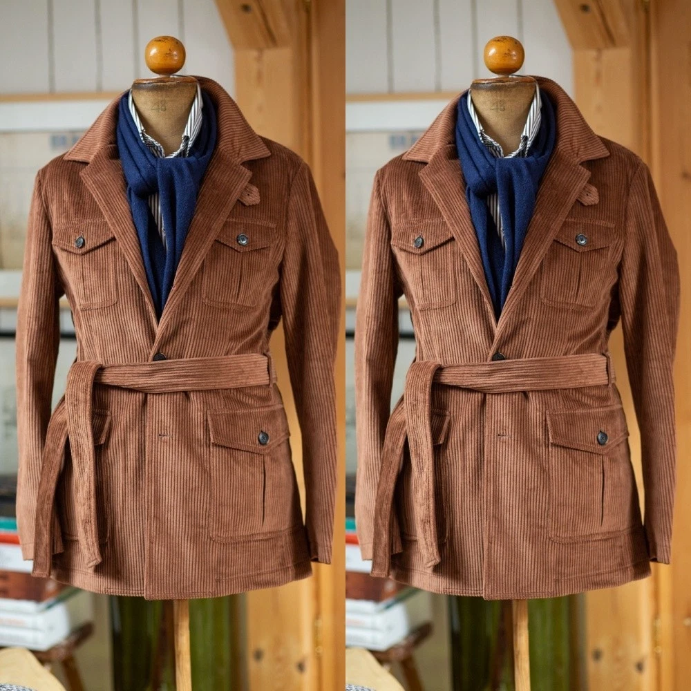 Corduroy Men Safari Jackets With Belt Formal Party Winter Men Hunting Coats