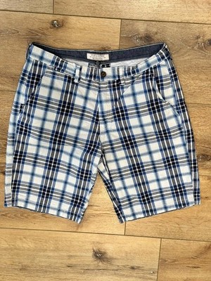 Flag & Anthem Shorts Flat Front Chino Style Navy/White/Black Plaid Size 34
