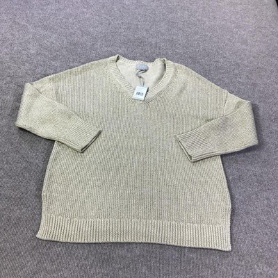 Pure Collection Sweater Womens Large Beige Wide V Neck Metallic Neutral Sparkle