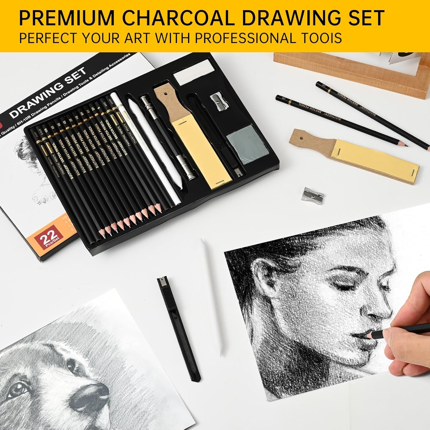 22-Piece Drawing kit Sketch Pencils Set - Graphite Pencils (6H-10B) Black 
