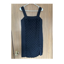 Banana Republic Black Satin Dress Square Neck Fringe Textured Zip Size 4