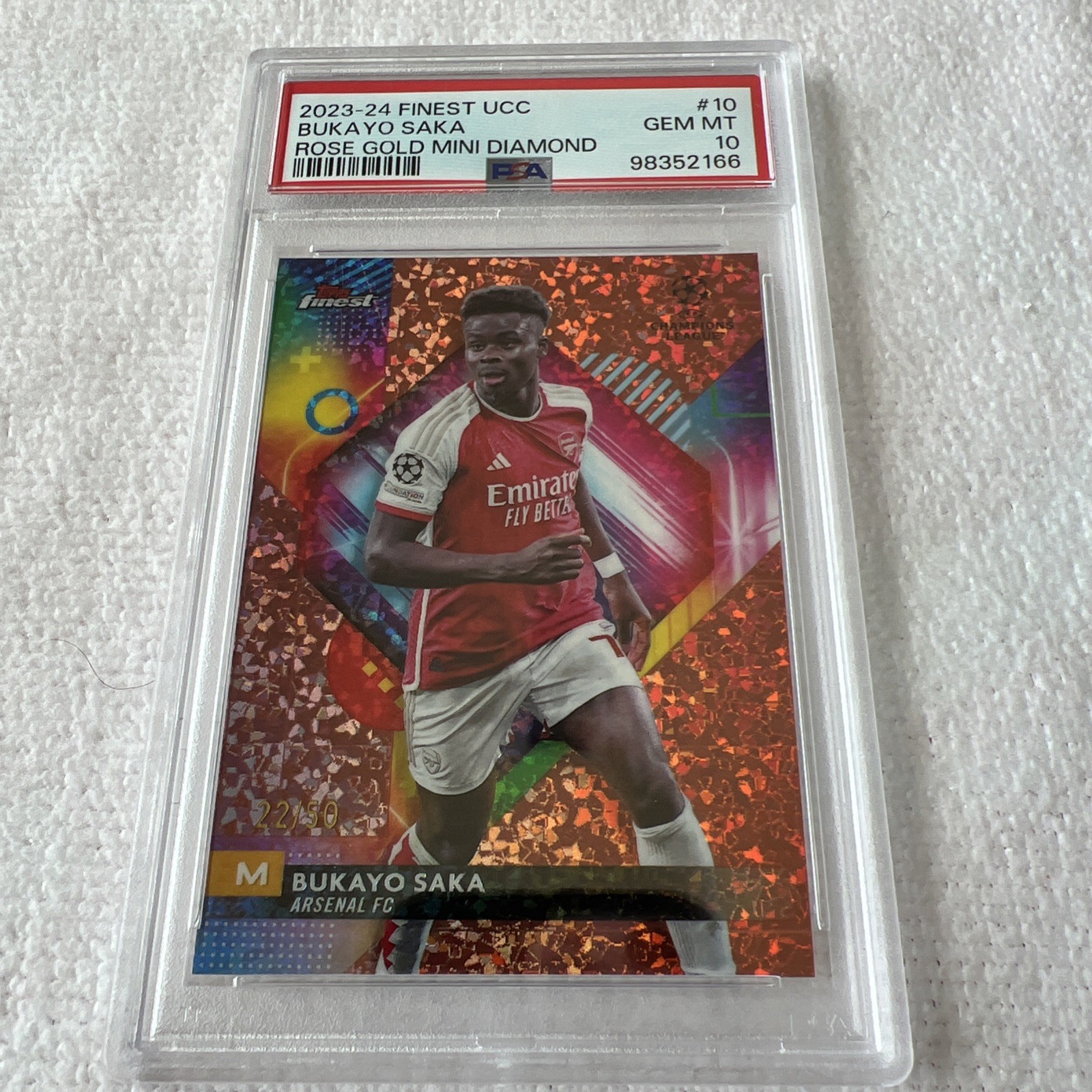 2023 Topps Finest Bukayo Saka #10 Rose Gold Mini Diamond /50 PSA 10 SP Arsenal view 1