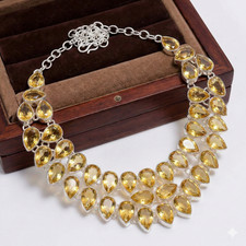 925 Sterling Silver Yellow Citrine Gemstone Handmade Jewelry Necklace Size-18"