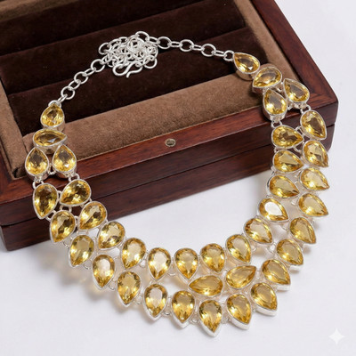 925 Sterling Silver Yellow Citrine Gemstone Handmade Jewelry Necklace Size-18''