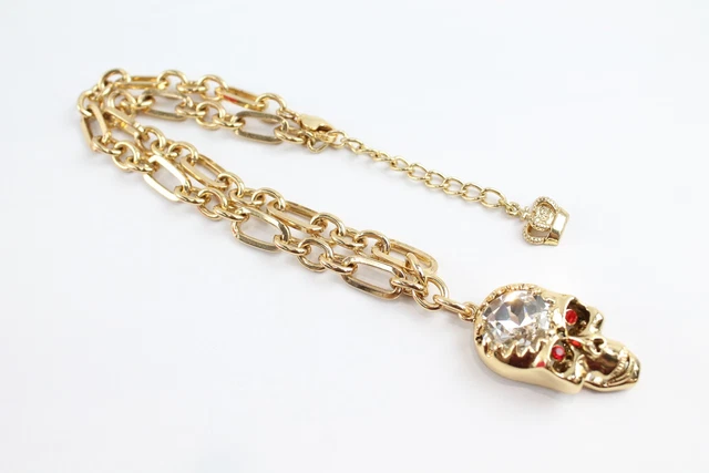 11 Signed Branded Butler & Wilson Skull Necklace Gold Tone Statement