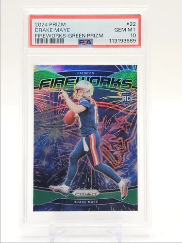 DRAKE MAYE 2024 PANINI PRIZM FIREWORKS ROOKIE GREEN PRIZM RC PSA 10 Q0004