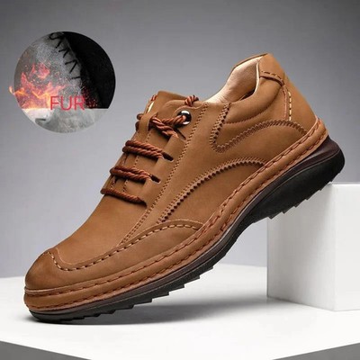 Men's Winter Warm Fur Lined Leather Shoes Outdoor Lace Up Casual Oxford Sneakers