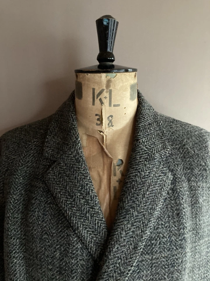 Dhobi Tweed Overcoat Mens Size 42 Grey Wool Raglan Balmacaan Coat - Image 2 of 4
