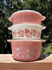 Vintage Pyrex Casserole Pink White Gooseberry Set Of 3 w/ Lids 471 472 473