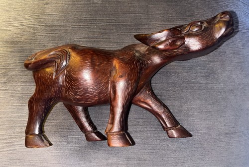 Vintage Handmade Hand-Carved Wooden Buffalo Figurine 